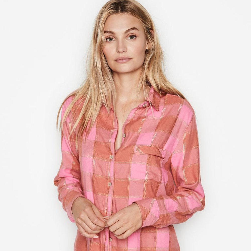 VICTORIA'S SECRET XS Flannel Top Plaid Pink w/ Gold Metallic NWT - Picture 3 of 16